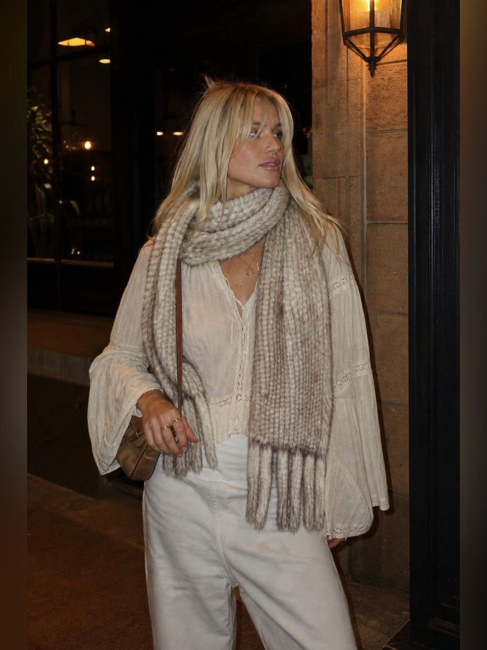Knit Real Fur Fringe Scarf In Taupe And Cream